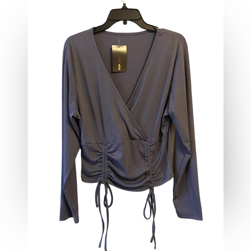 Pop Style Women’s Long Sleeve Drawstring Front Surplice Neck Crop Tee Size XL